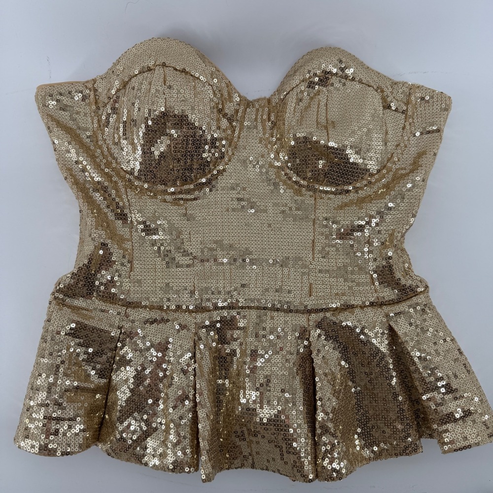 Bebe Gold Sequin Bustier Top Strapless Peplum Sweetheart Party XS y2k 90 holidat